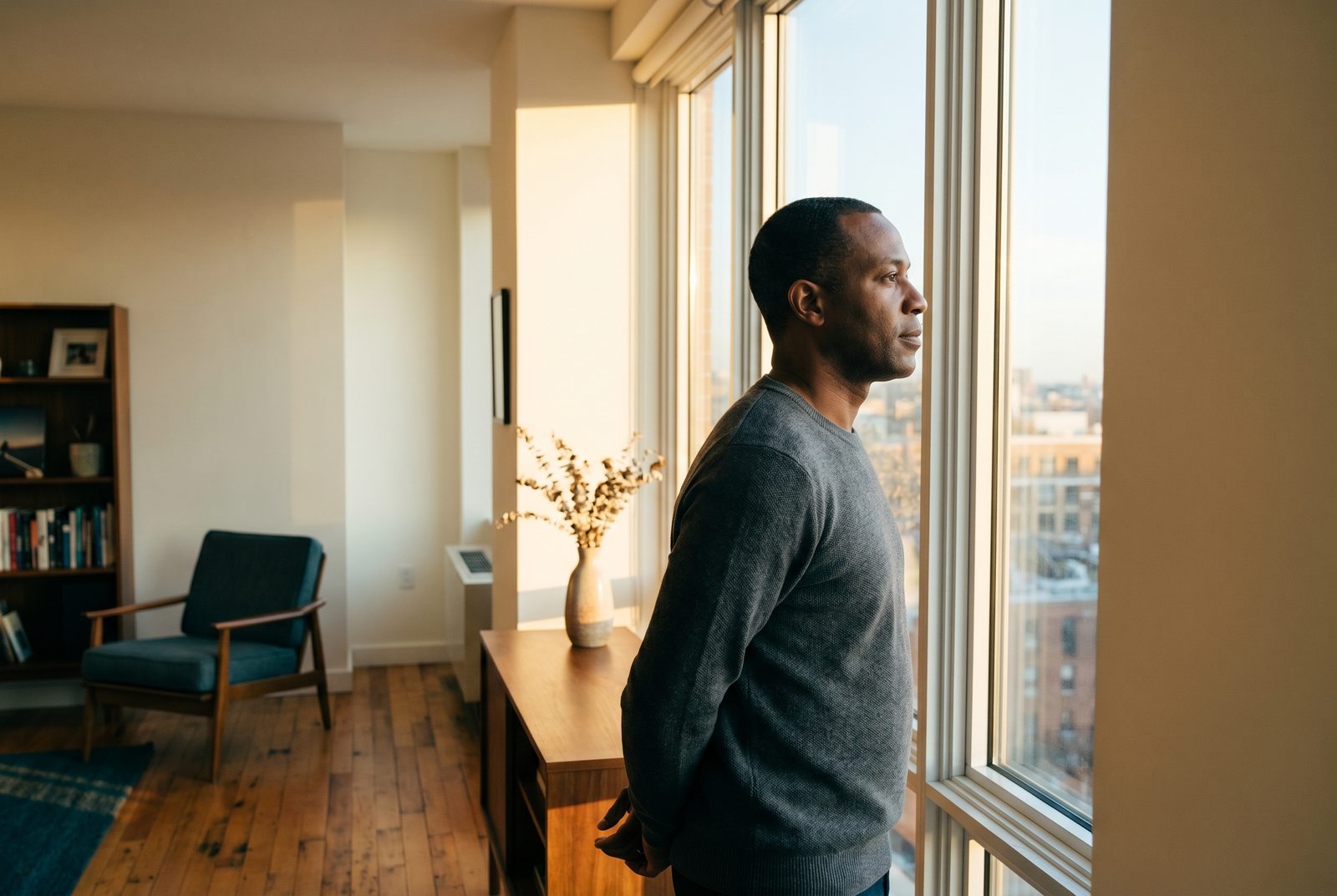 A Black man in a gray sweater standing at a window in a quiet apartment, golden afternoon light.