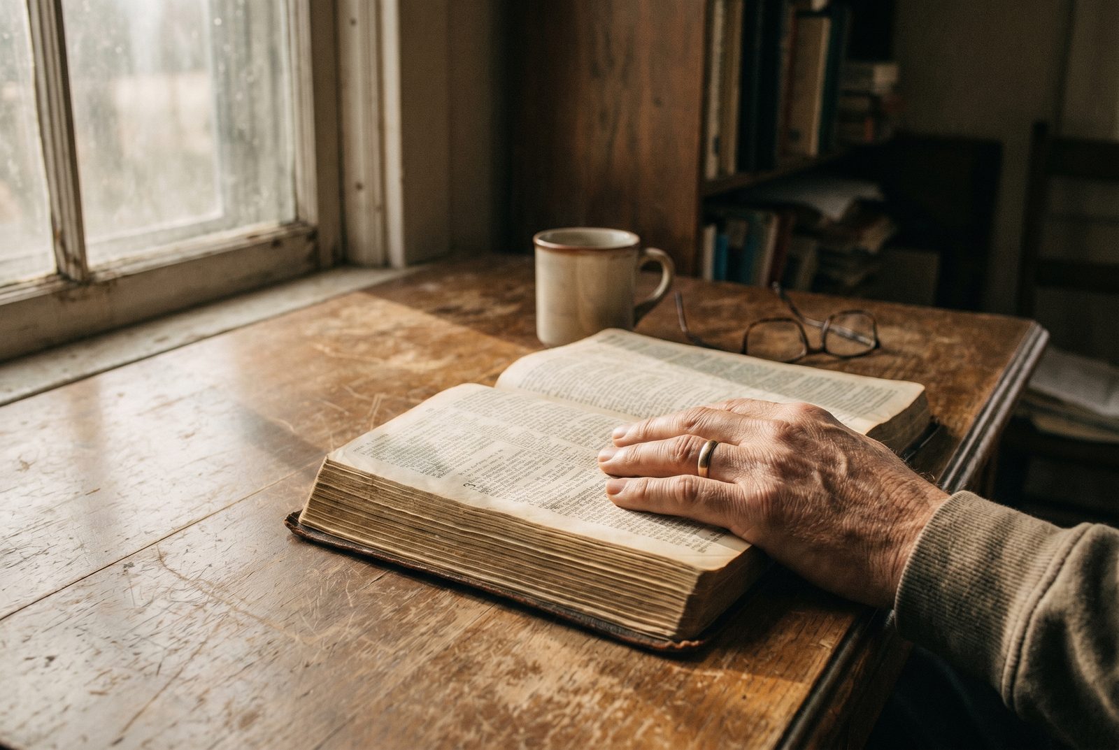An open Bible on a worn wooden desk with soft window light, an older hand resting on the page.