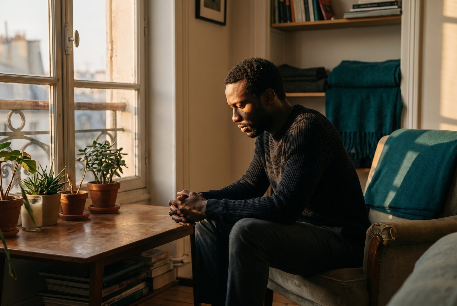 A Black man sitting in an armchair near a window at golden hour, hands clasped between his knees, contemplative.