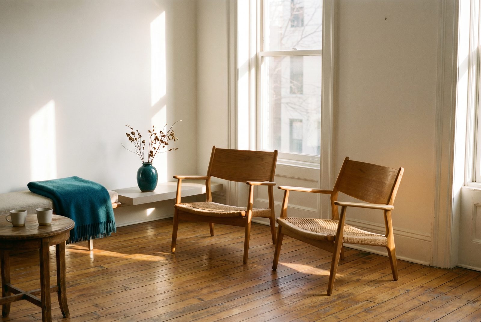 Two mid-century modern wooden chairs facing each other in a sunlit room with warm hardwood floors and deep teal accents.